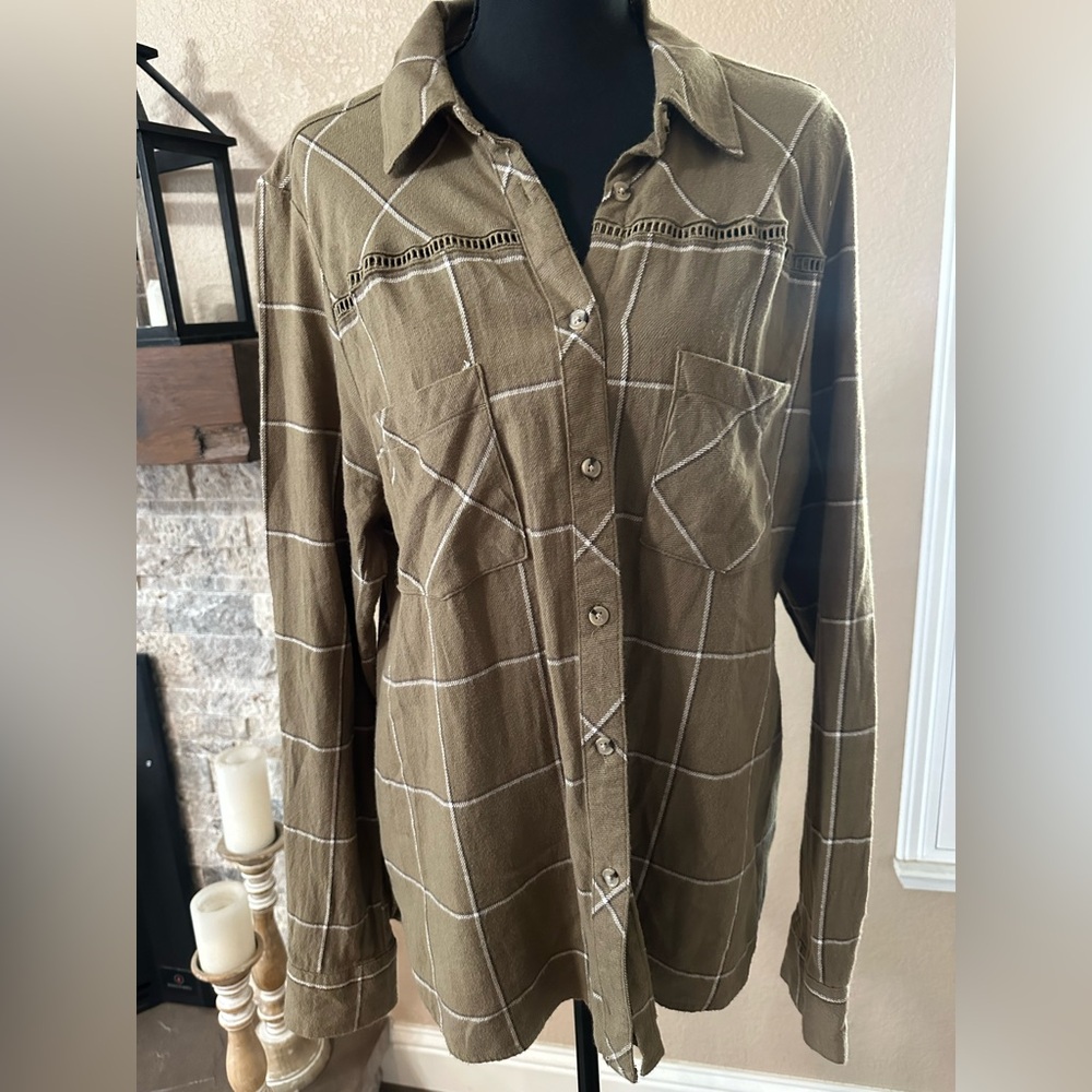 Shyanne olive green plaid flannel women's large country western shirt cowgirl